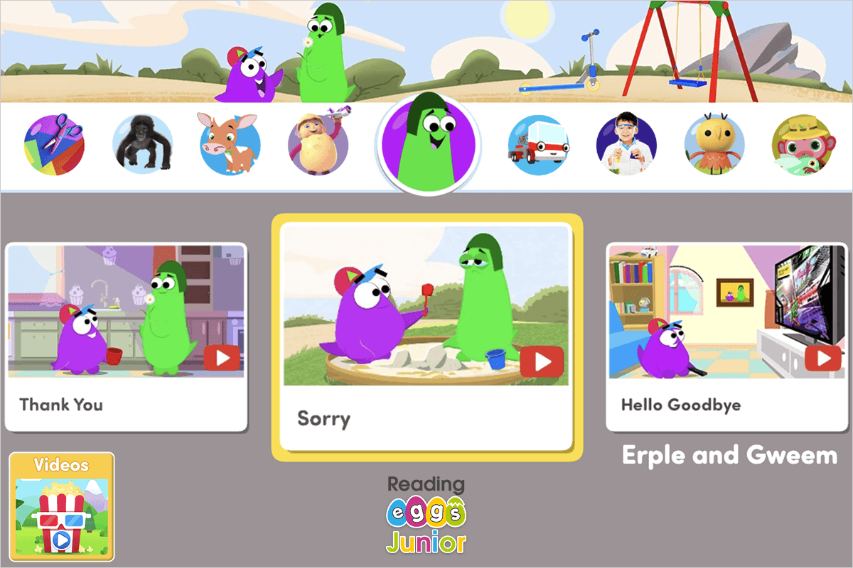 The Erple and Gweem video series in ABC Reading Eggs Junior models good social skills for children