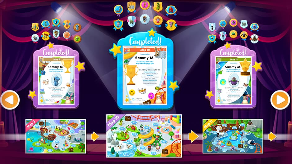 screenshot of the Awards section in ABC Reading Eggs where children can view the certificates they've earned, critters they've hatched and maps completed