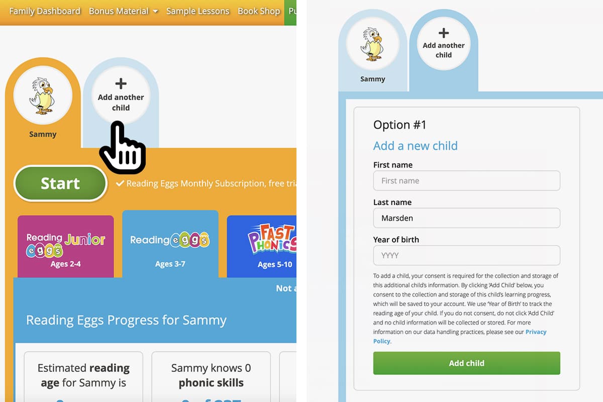 screenshots demonstrating how to add a child to an ABC Reading Eggs account through the Family Dashboard
