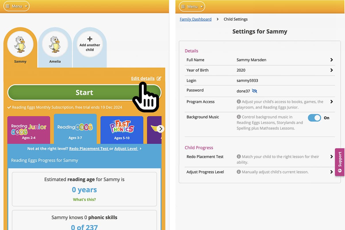 Screenshot of the ABC Reading Eggs Family Dashboard. Each child's profile has a login and their access settings can be customised.