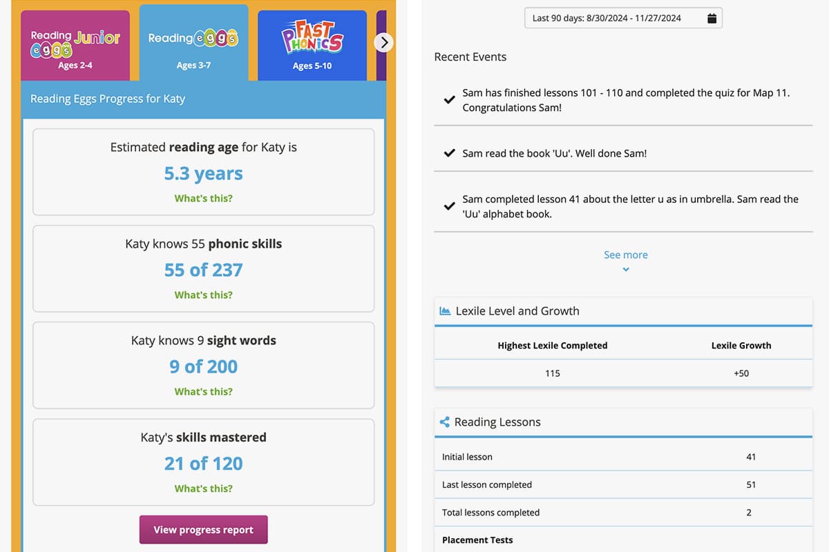 examples of the progress reports in the ABC Reading Eggs Family Dashboard