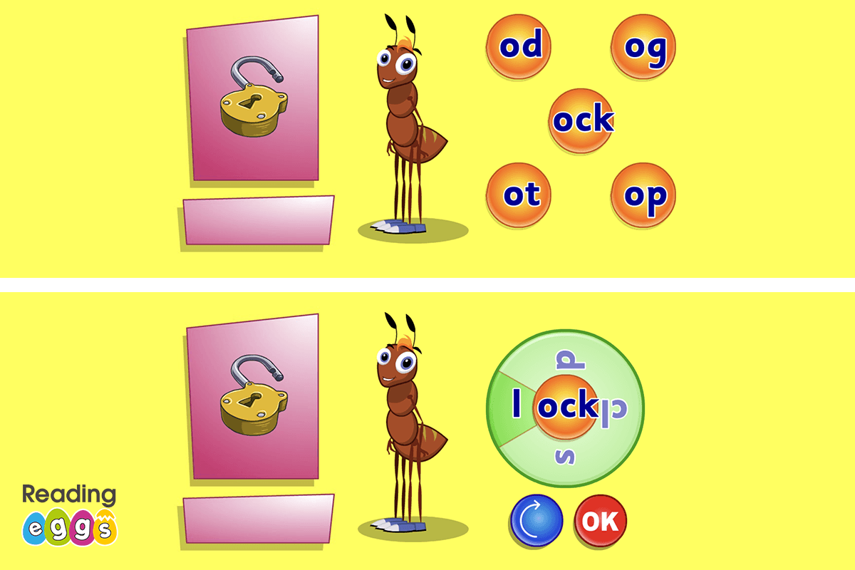 Screenshots of Lesson 60 in ABC Reading Eggs teaching children to identify the rime (ock) and then the onset (l) in the word lock.