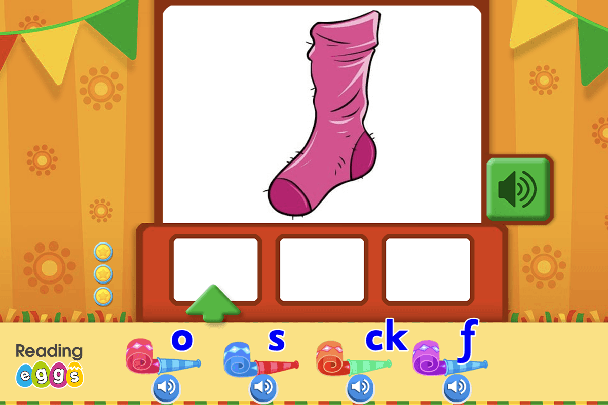 Screenshot of Lesson 60 in ABC Reading Eggs, where children learn to segment the word sock