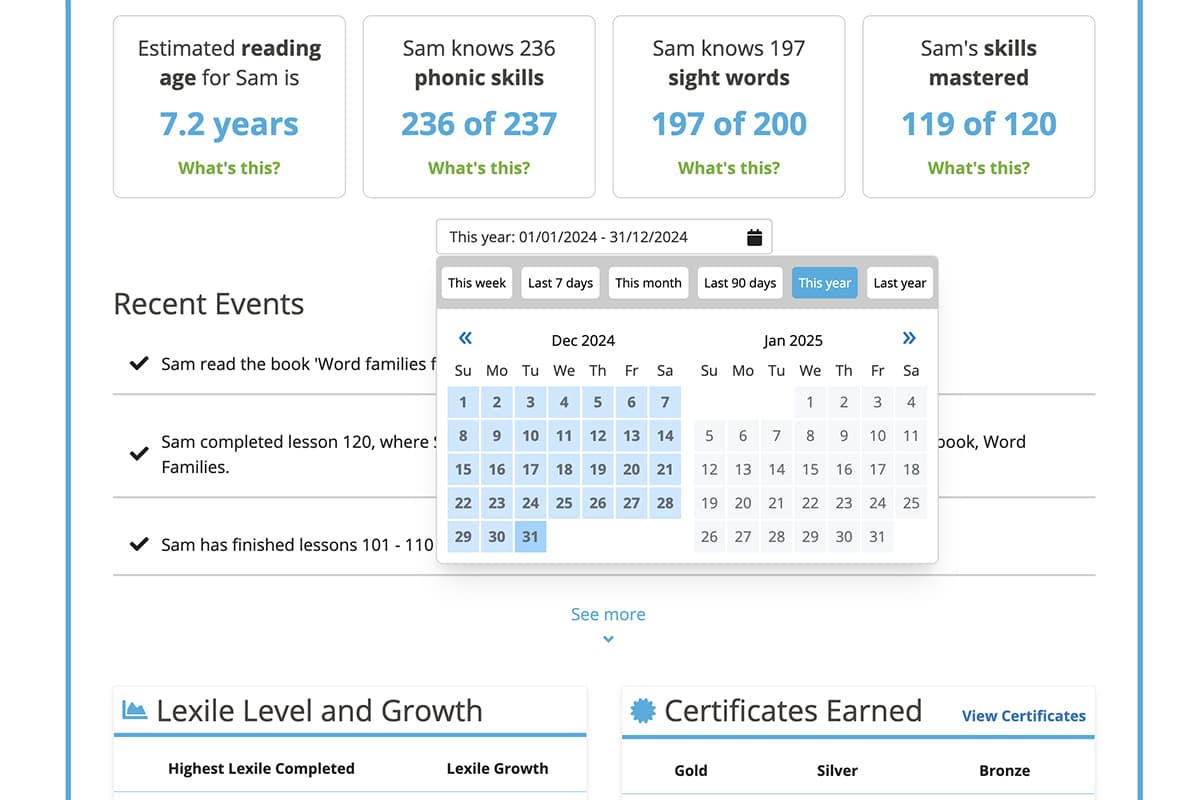 Screenshot of a progress report in ABC Reading Eggs demonstrating how a parent can easily see how much time their child has spent reading and their achievements.