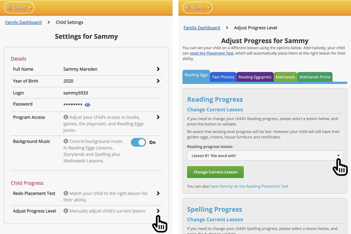 screenshot of the Adjust Progress Level area of the ABC Reading Eggs Family Dashboard