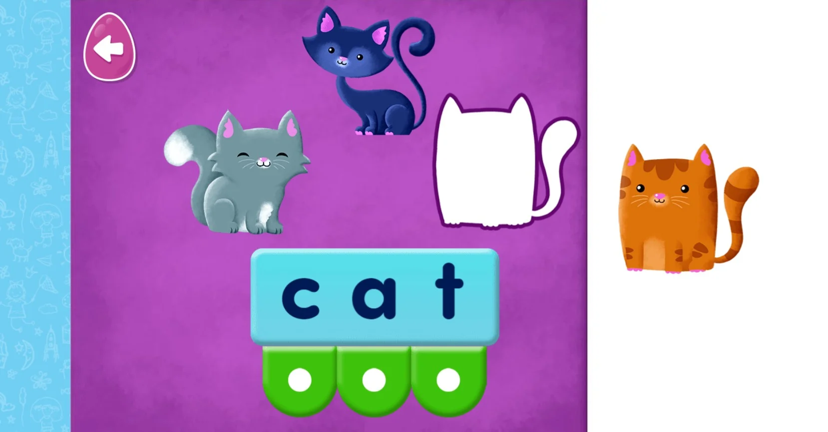 Screenshot of the 'cat' sound buttons activity in ABC Reading Eggs Junior that helps children to sound out words