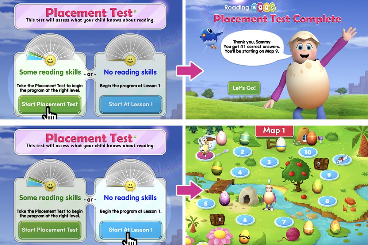 Screenshots of the ABC Reading Eggs Placement Test and personalised learning program