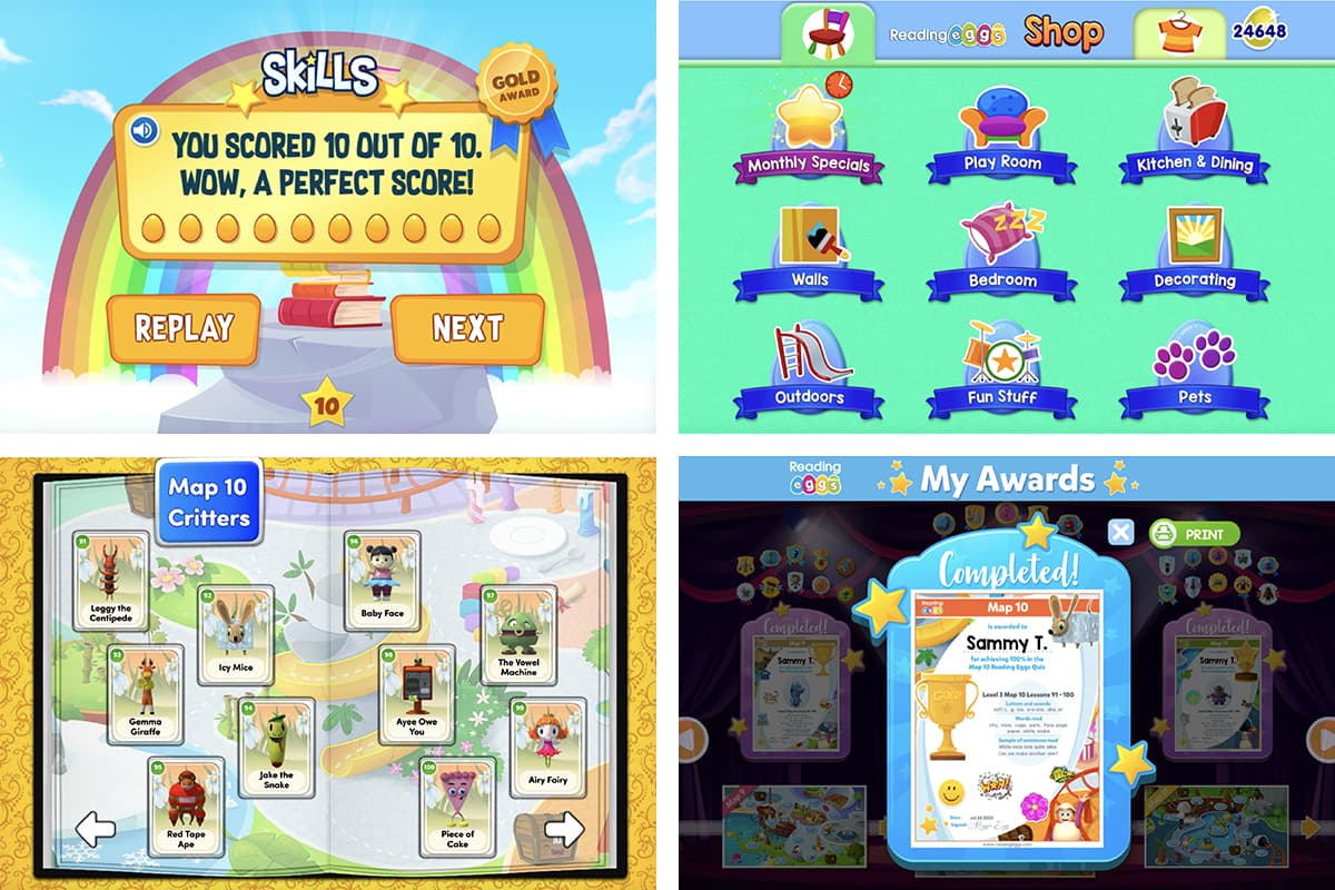 Screenshot of the multiple rewards in ABC Reading Eggs to celebrate reading achievements