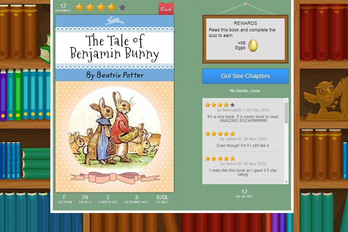 A screenshot of the ABC Reading Eggs online library with a cover of a Beatrix Potter book.
