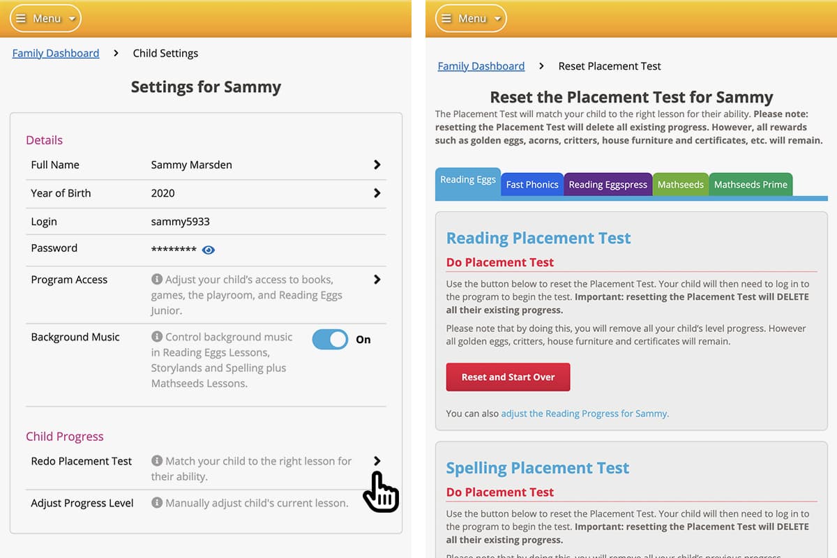 screenshot of the Reset Placement Test area of the ABC Reading Eggs Family Dashboard