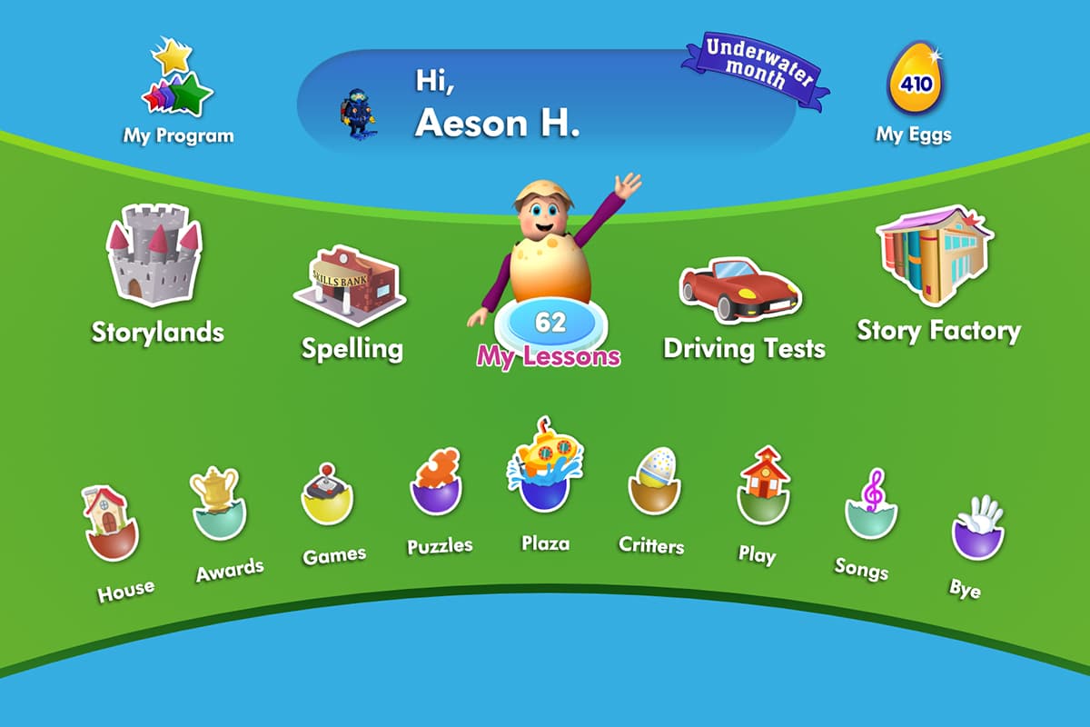 The student dashboard within ABC Reading Eggs displaying the different learning areas that focus on building specific reading and literacy skills.