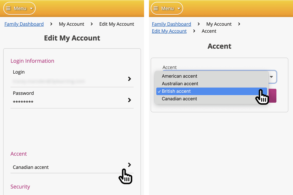 How to change your account’s accent settings in ABC Reading Eggs